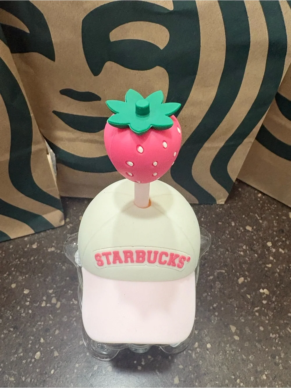 Starbucks Glass Bearista Bear Cup Strawberry Straw & Hat 20oz - Picture 3 of 9